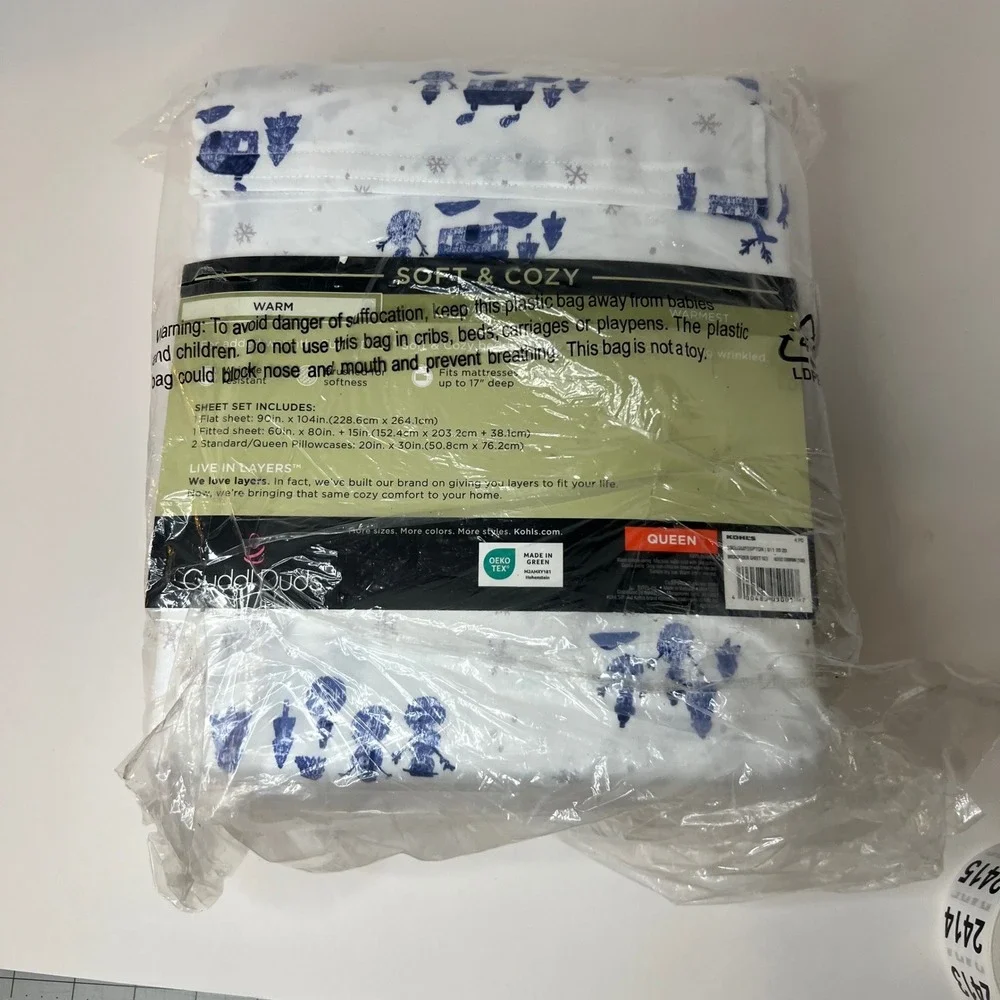 Cuddl Duds Soft & Cozy Brushed Queen Sheet Set Snowmen Trees White‎ Blue NIP